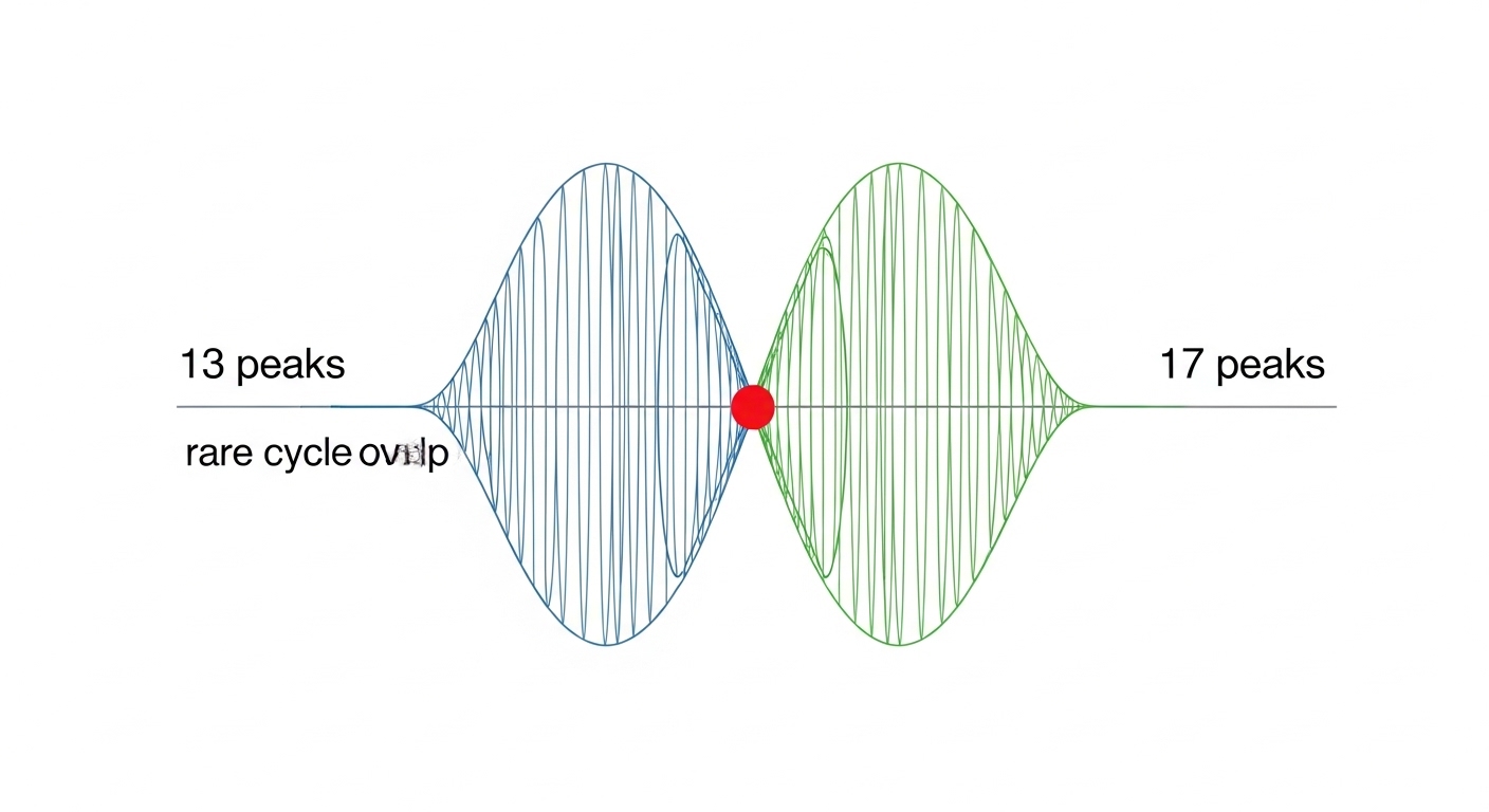 Diagram showing rare overlap of 13 and 17 year cycles
