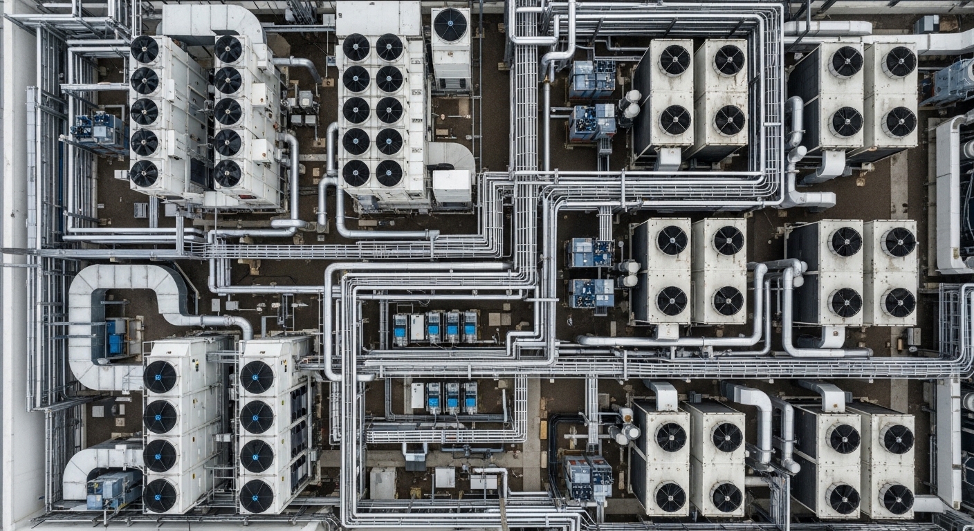 Vista superior de sistemas de resfriamento em telhado de data center