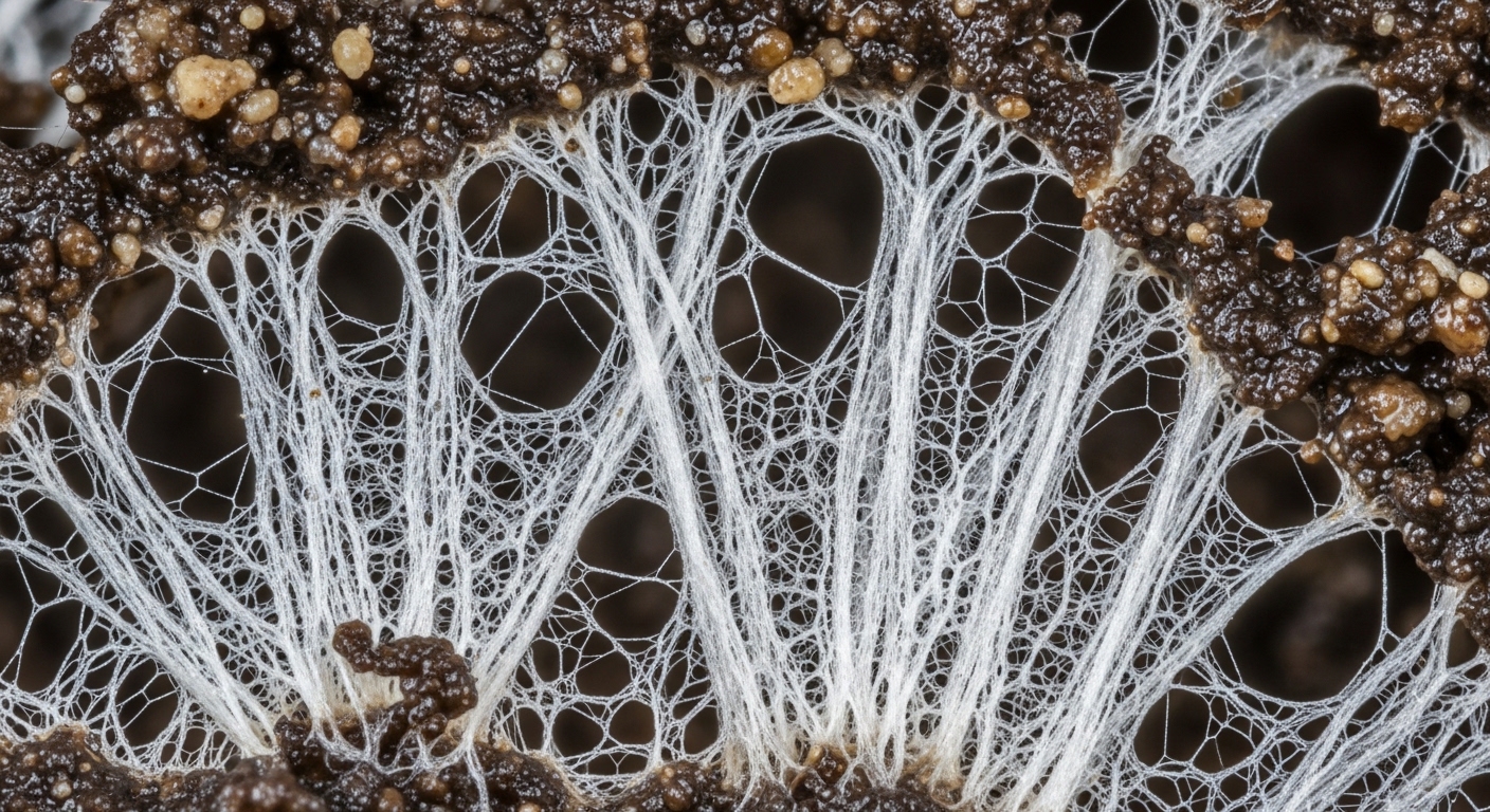 Macro close-up of white mycelium threads on dark soil
