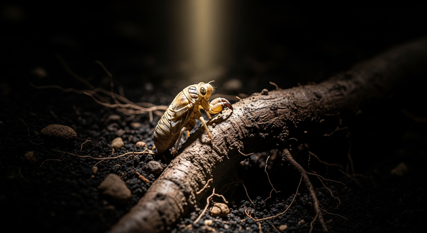 Cicada nymph clinging to tree root underground