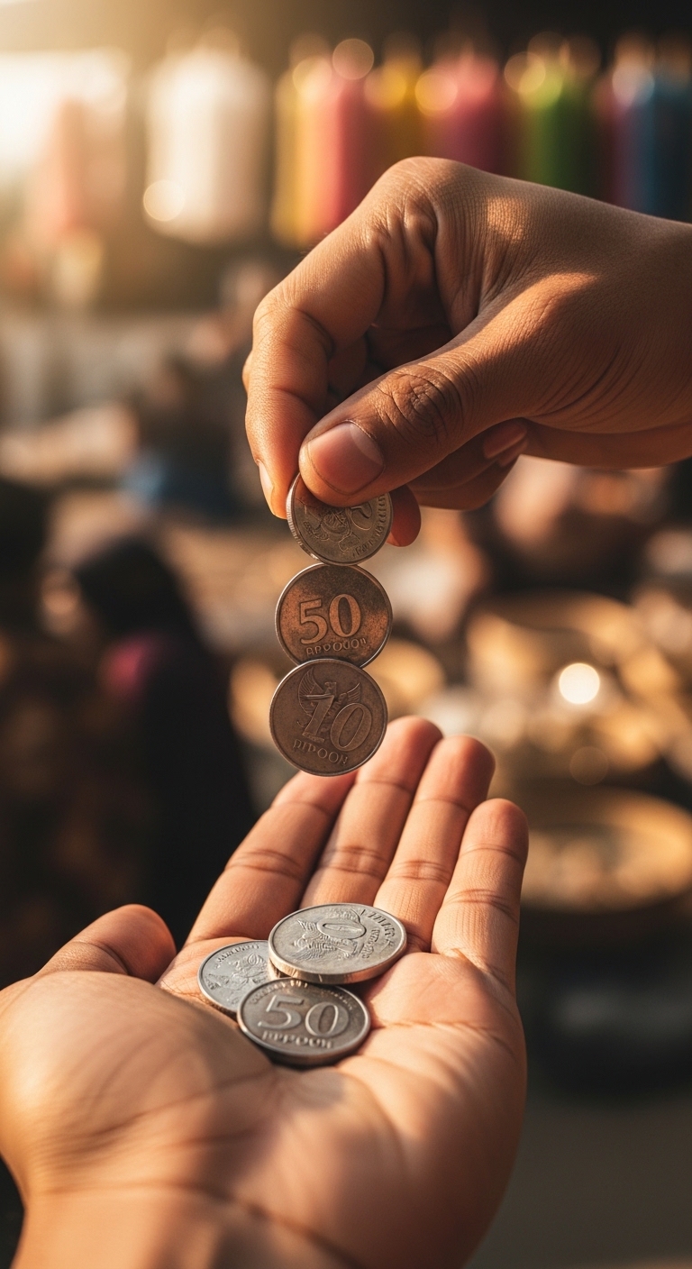 Tangan memegang koin rupiah simbol subsidi rakyat
