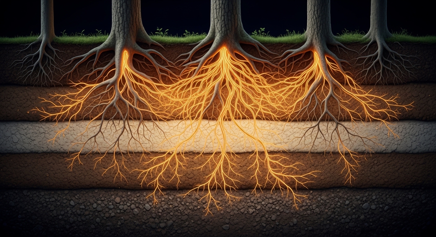 Diagram of glowing mycelium network connecting tree roots