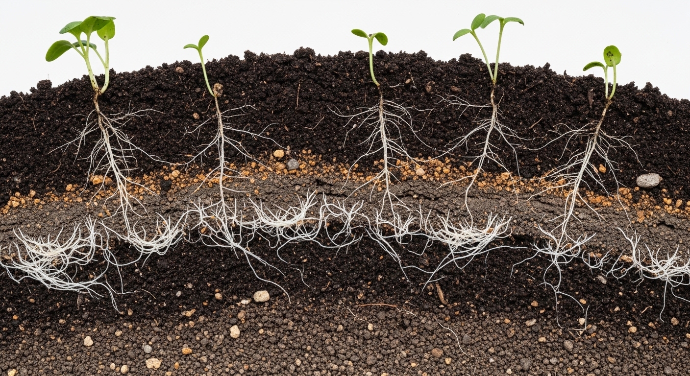 Overhead view of soil with roots and mycelium threads