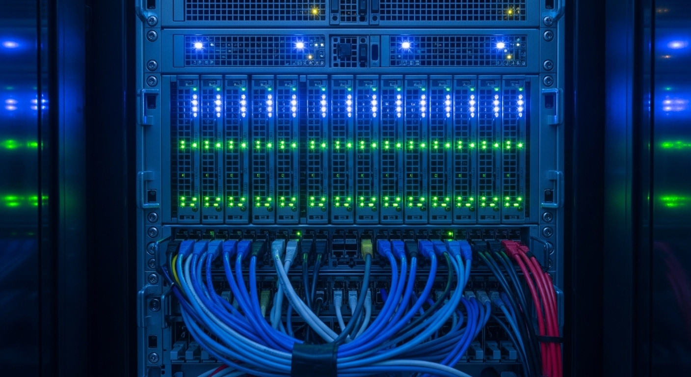Racks de servidores com luzes LED dentro de data center