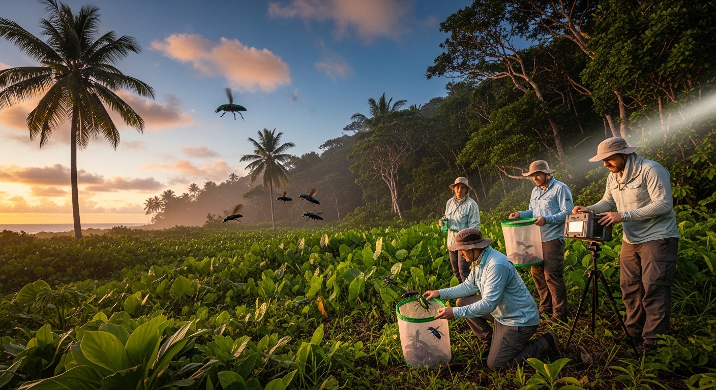 Field team releasing sterile insects in tropical island setting