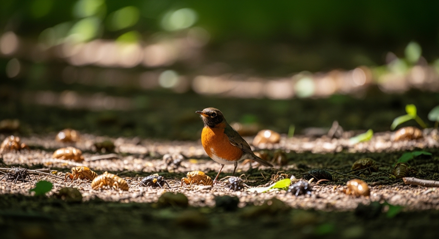 Robin foraging among cicada shells on forest floor