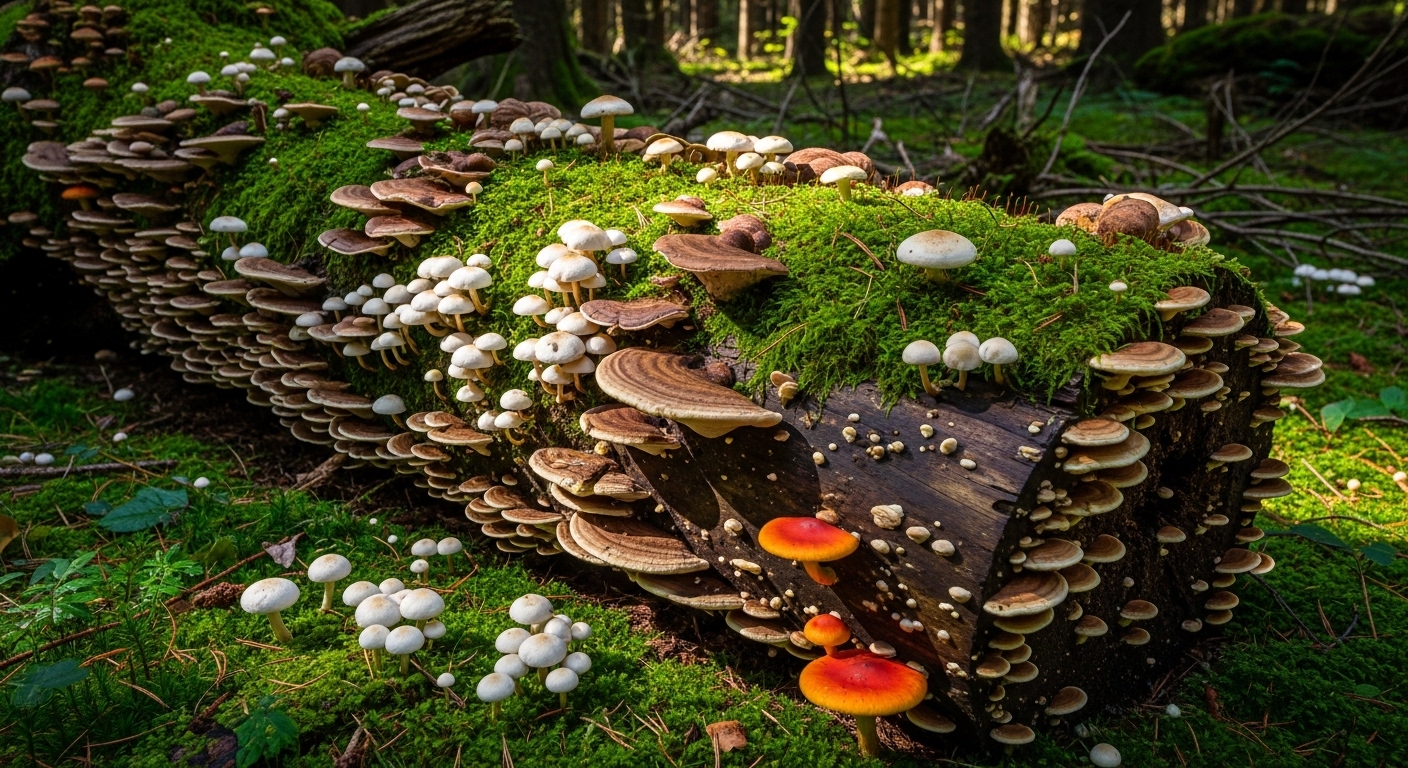Decomposing forest log covered in mushrooms and moss