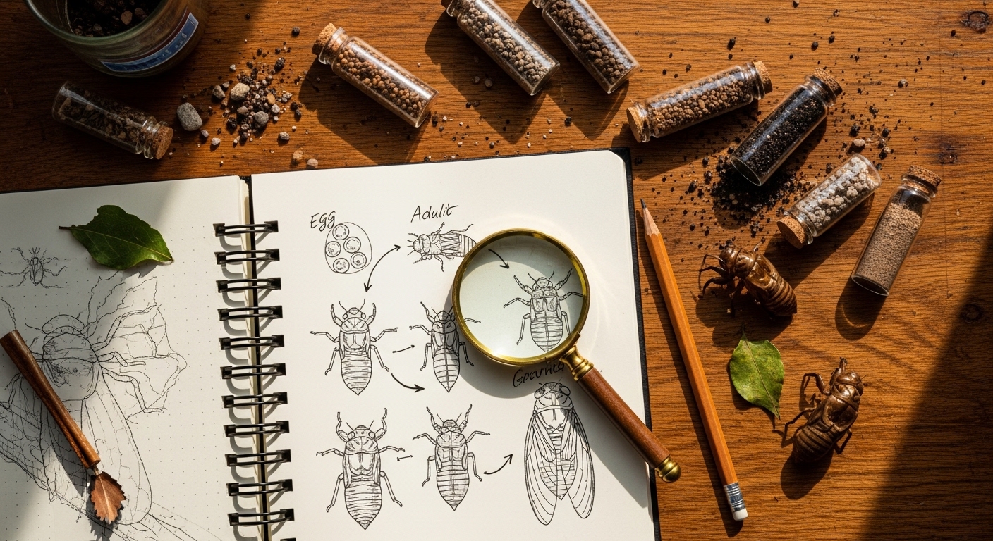 Researcher's notebook with cicada life cycle sketches