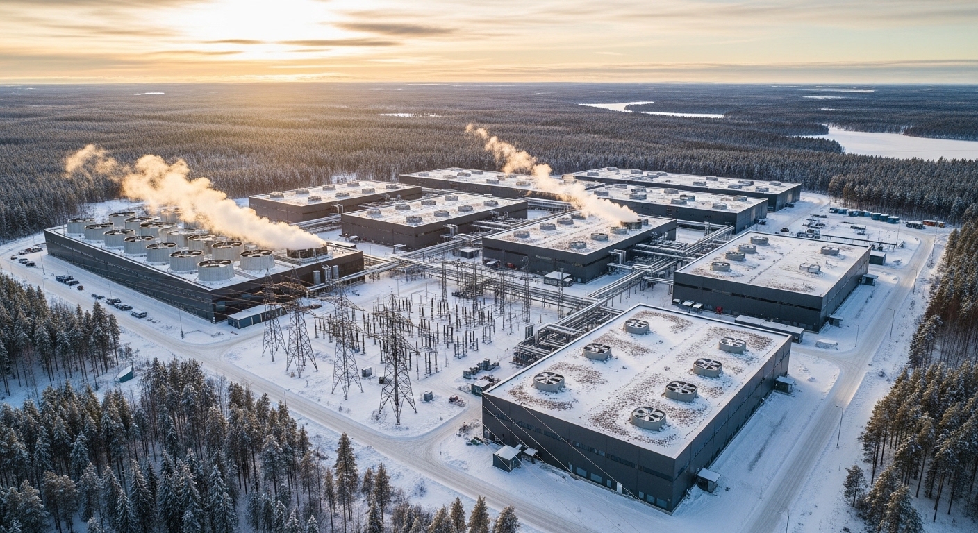Vista aérea de campus de data center em paisagem nórdica
