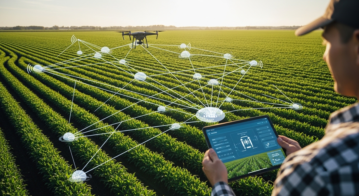 Drone agrícola sobrevoando lavoura com visualização de dados