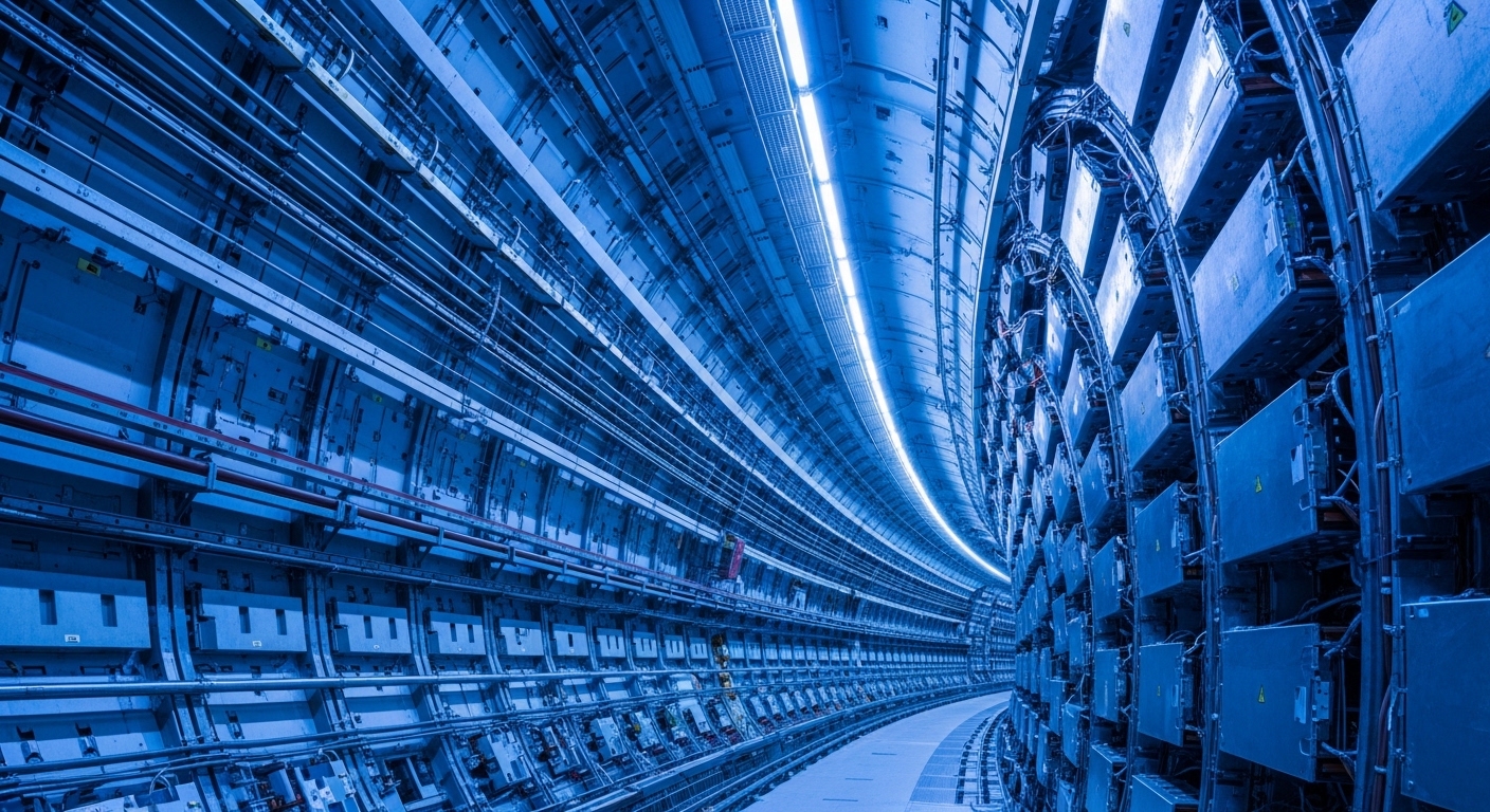 Particle accelerator tunnel with blue lighting