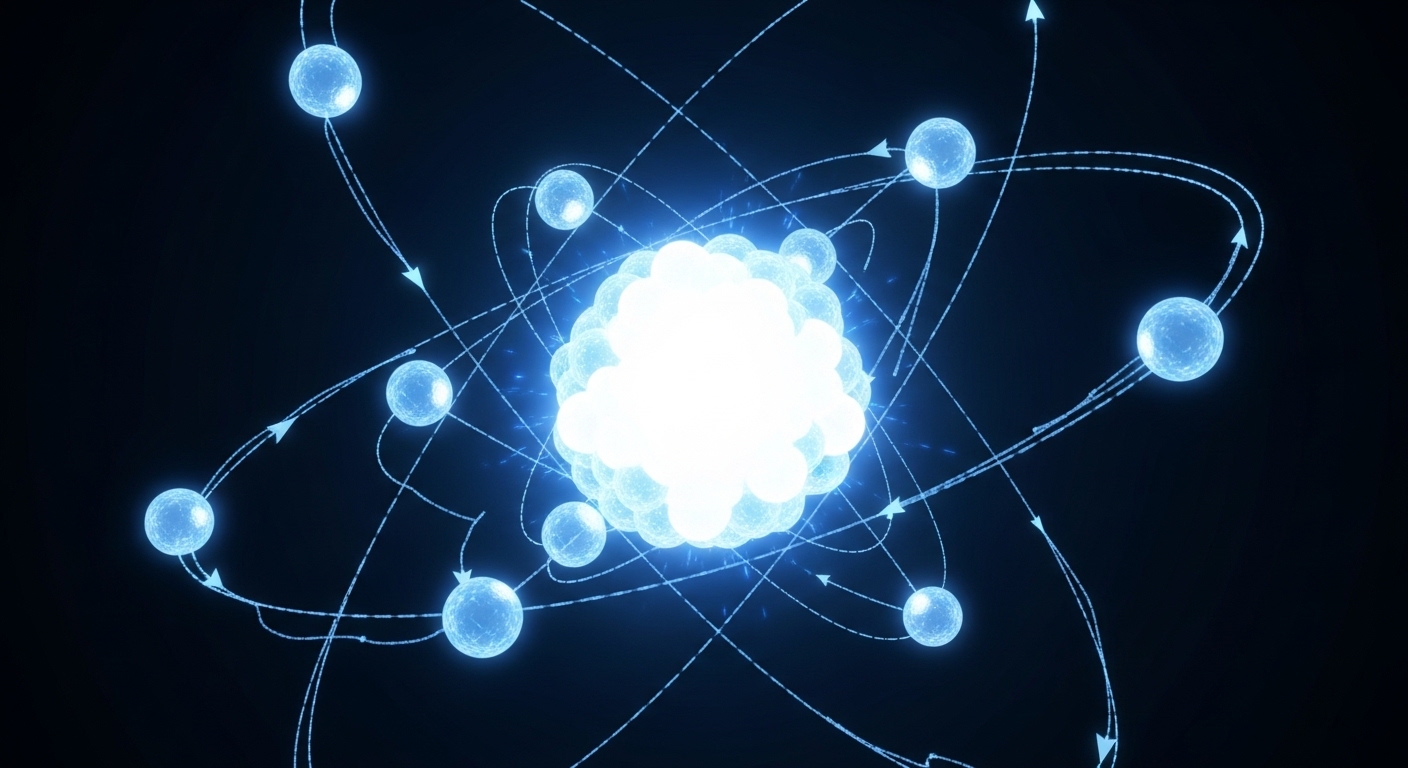 Glowing atomic nucleus with orbiting electrons