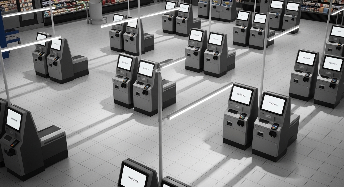 Overhead view of self-checkout kiosk area