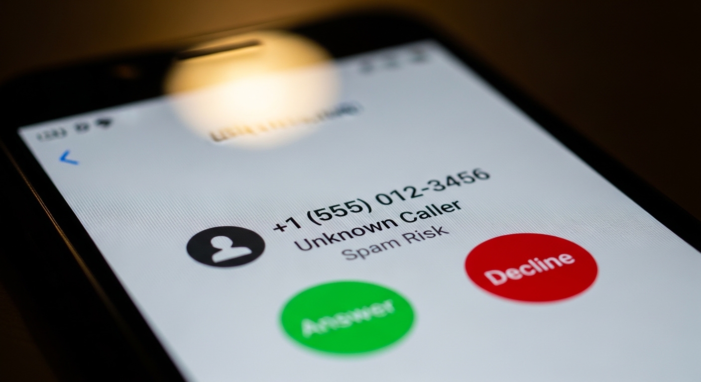 Écran de smartphone affichant un appel inconnu suspect