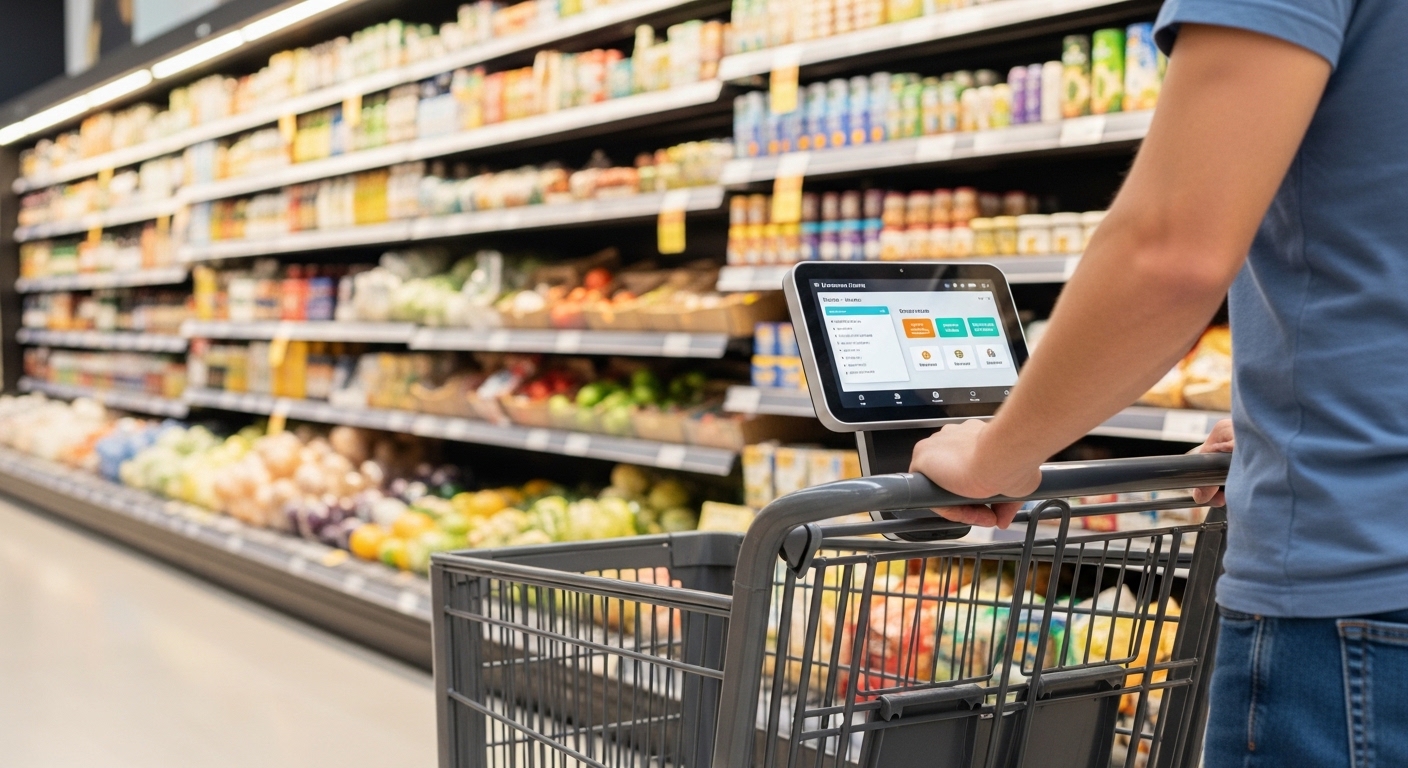 Shopper using smart cart with digital screen