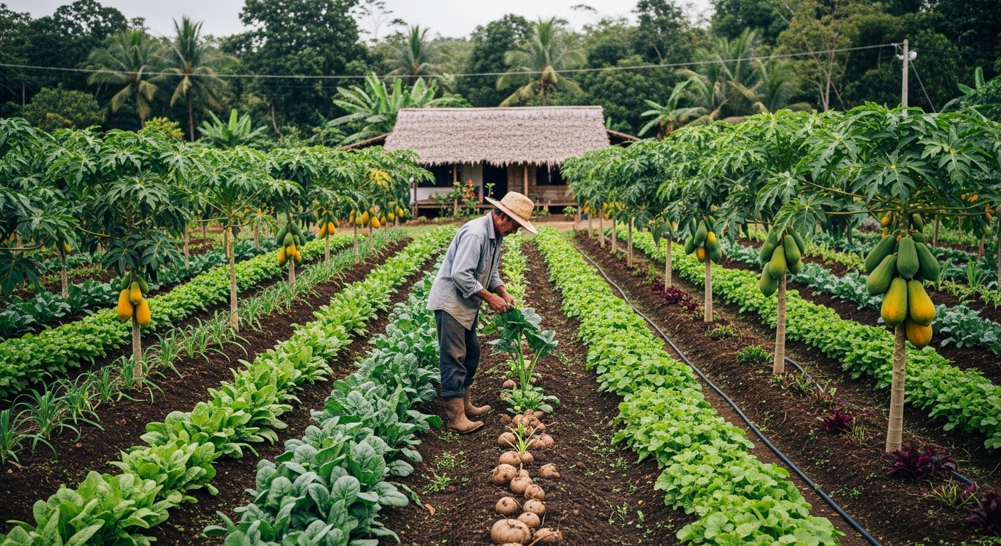 Agricultor familiar cuidando de lavoura diversificada tropical