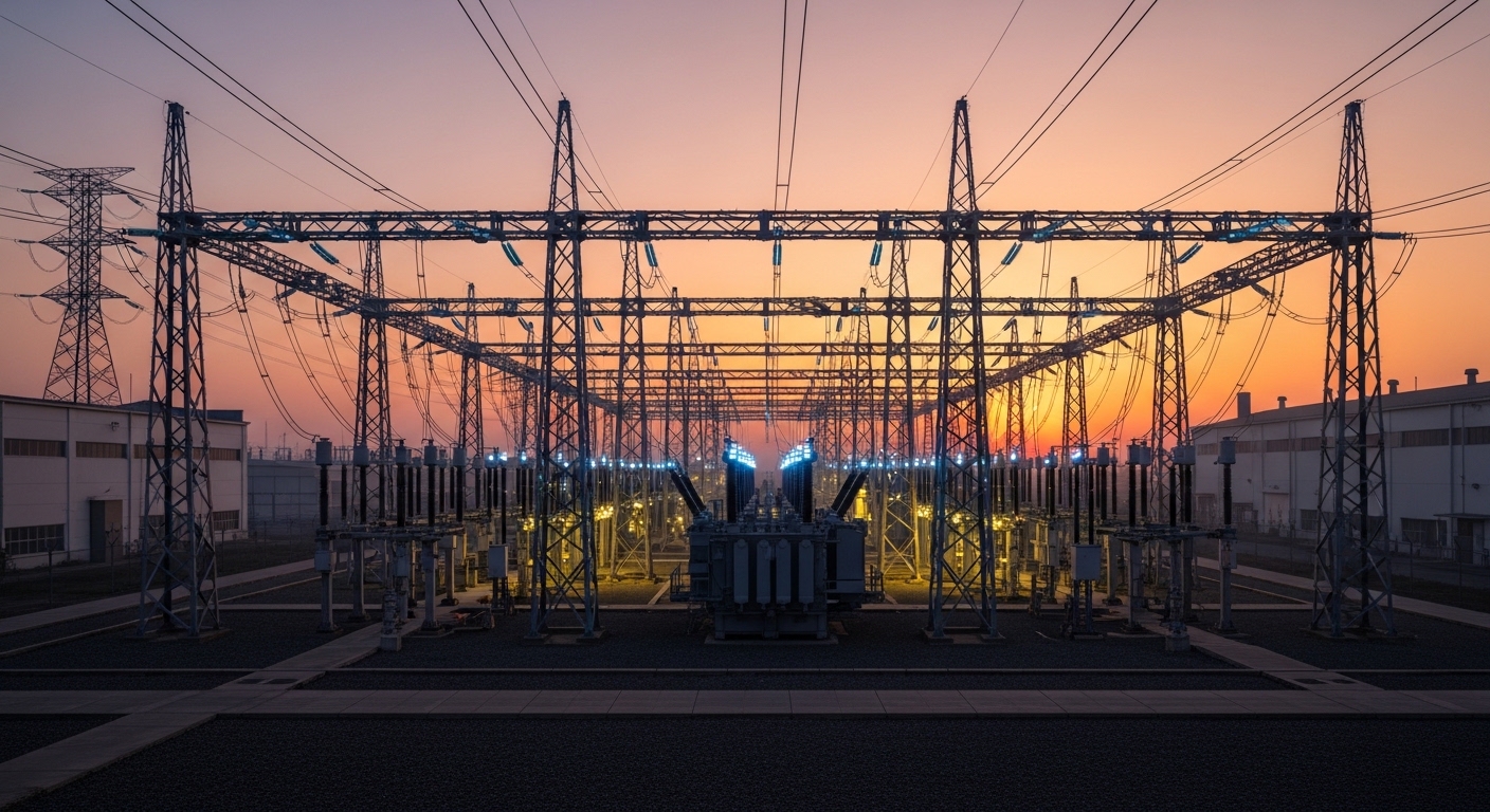 Electrical substation with glowing power lines at dusk