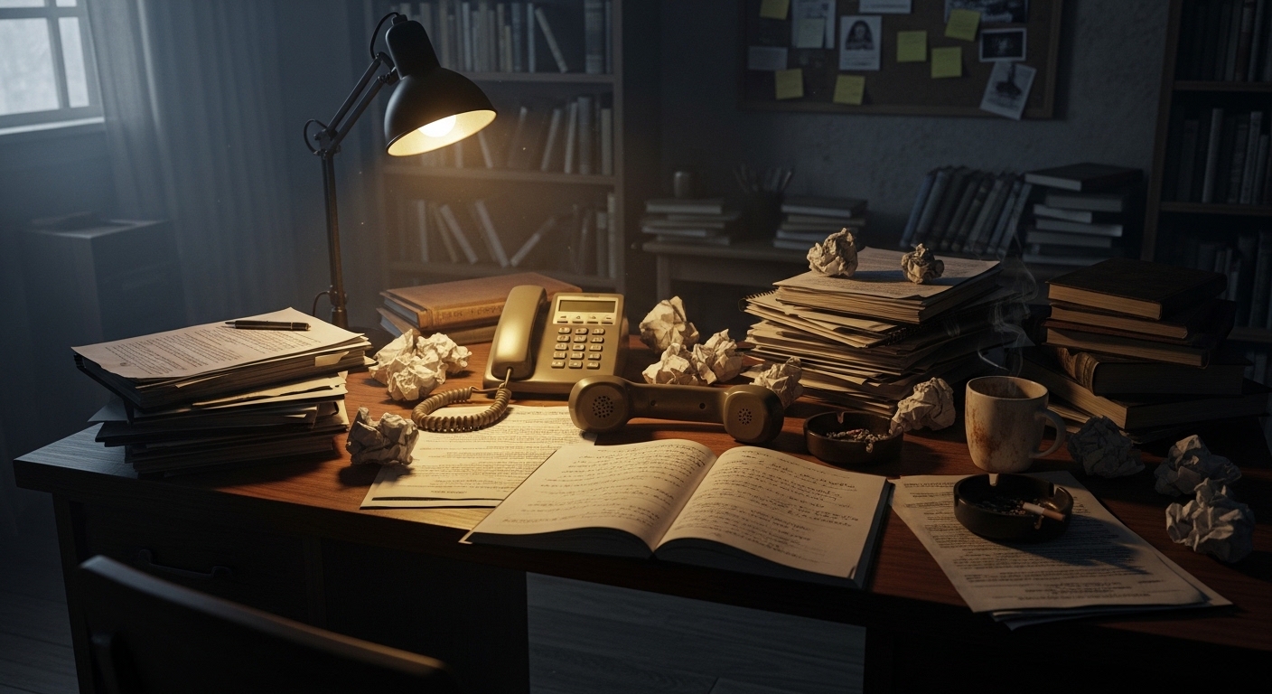 Bureau à domicile sombre avec téléphone et notes éparpillées