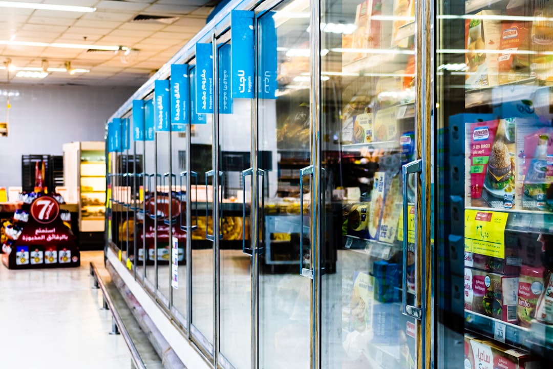 Modern supermarket with automated checkout kiosks