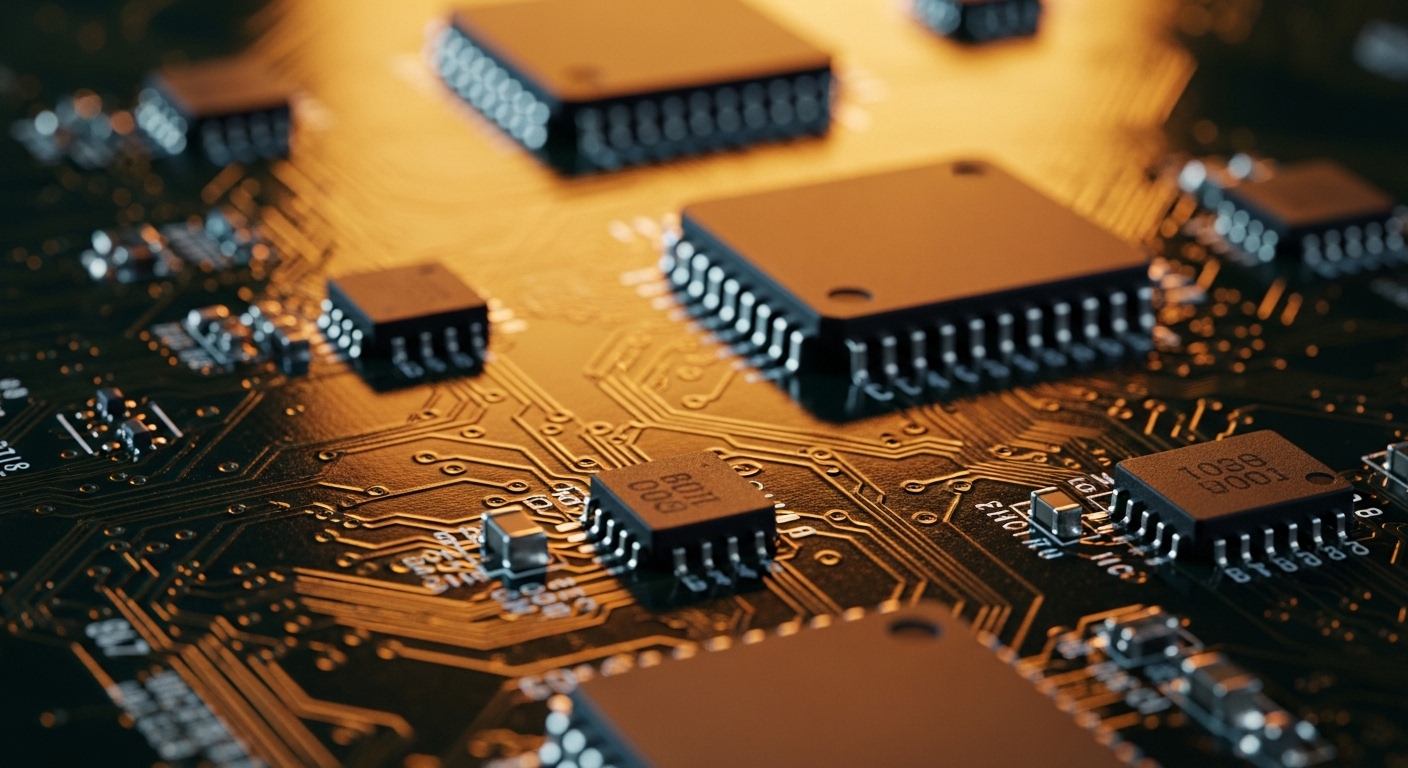 Placa de circuito com microchips em detalhe extremo