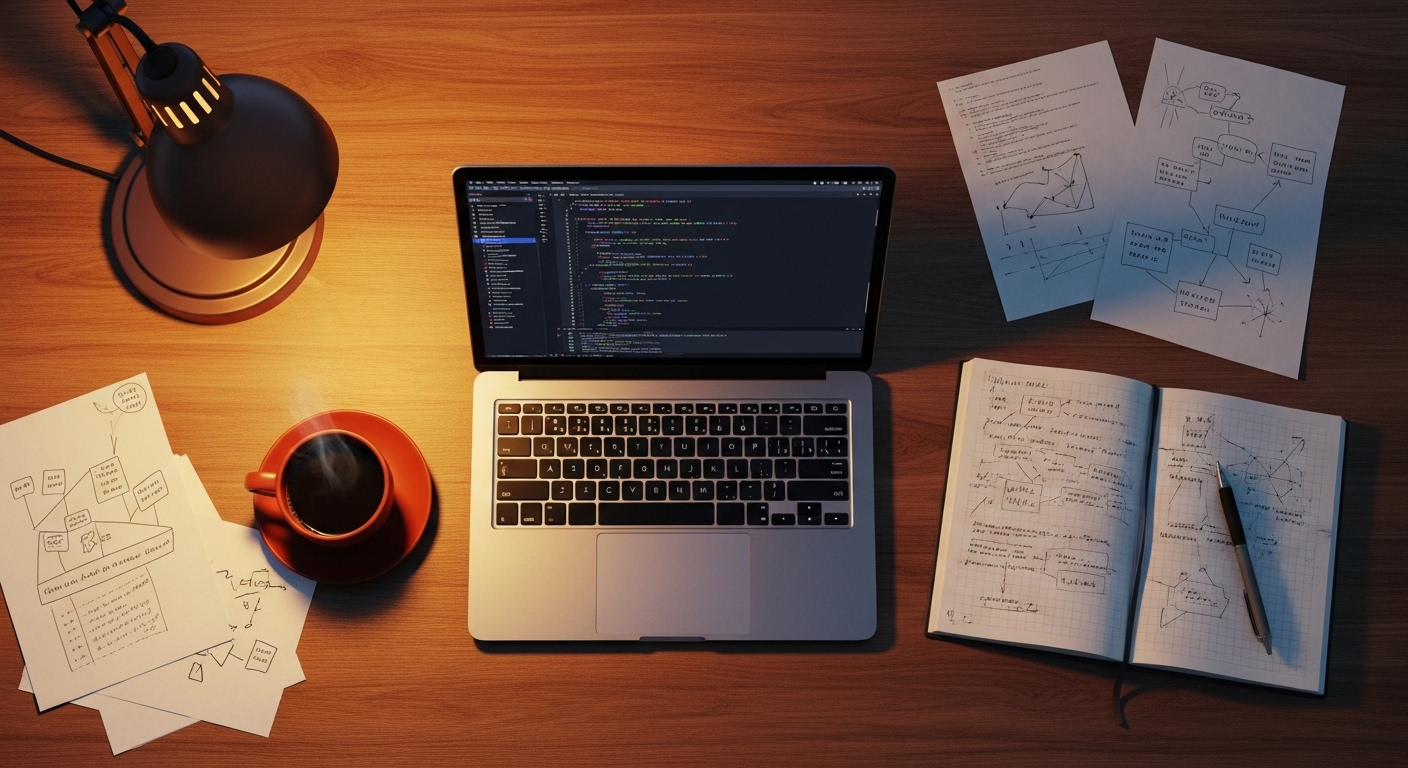 Desk with laptop, notebook, and coffee cup from above