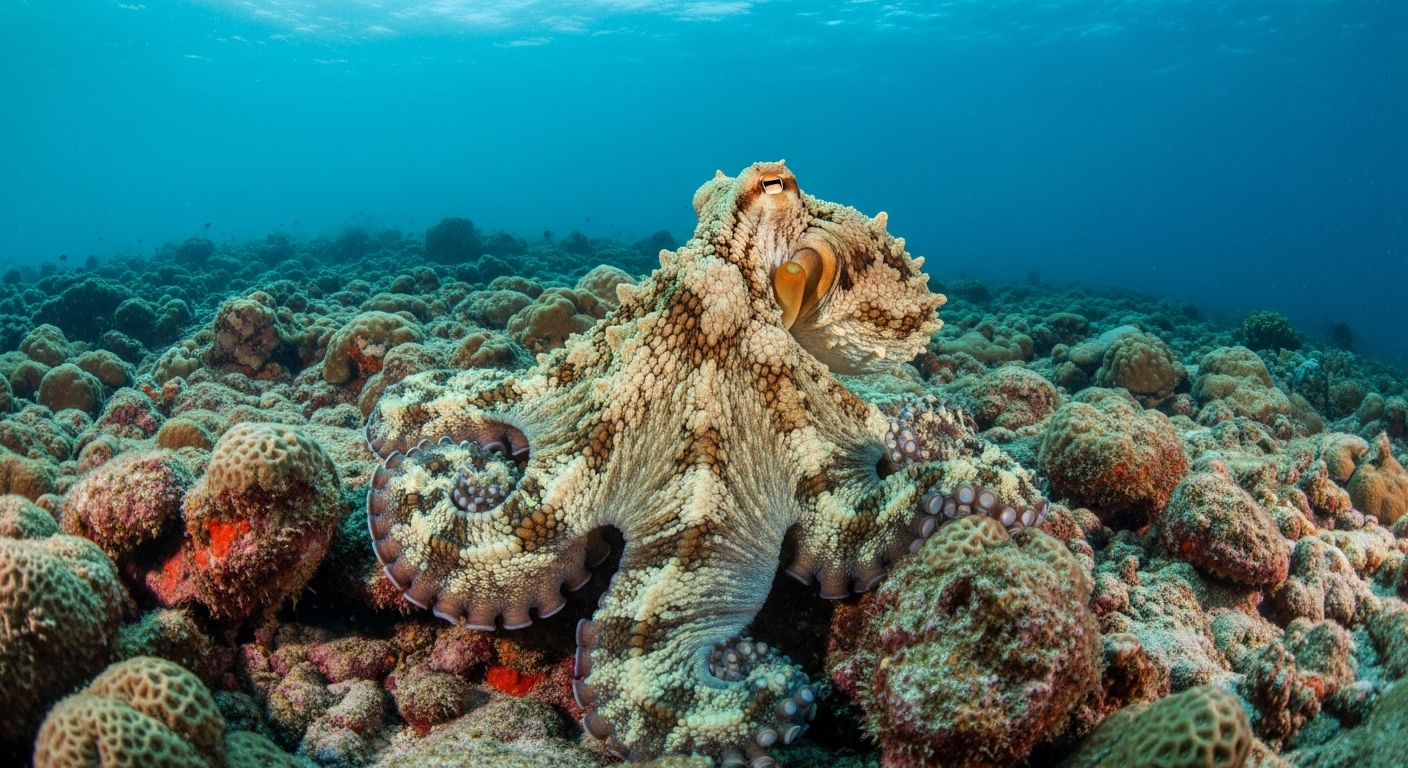 Poulpe camouflé sur un récif corallien