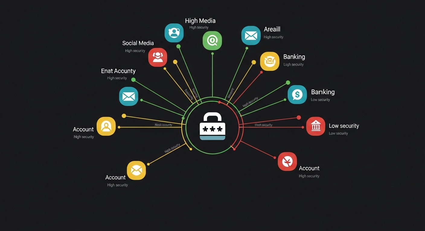 Ilustrasi diagram password manager mengelola banyak akun