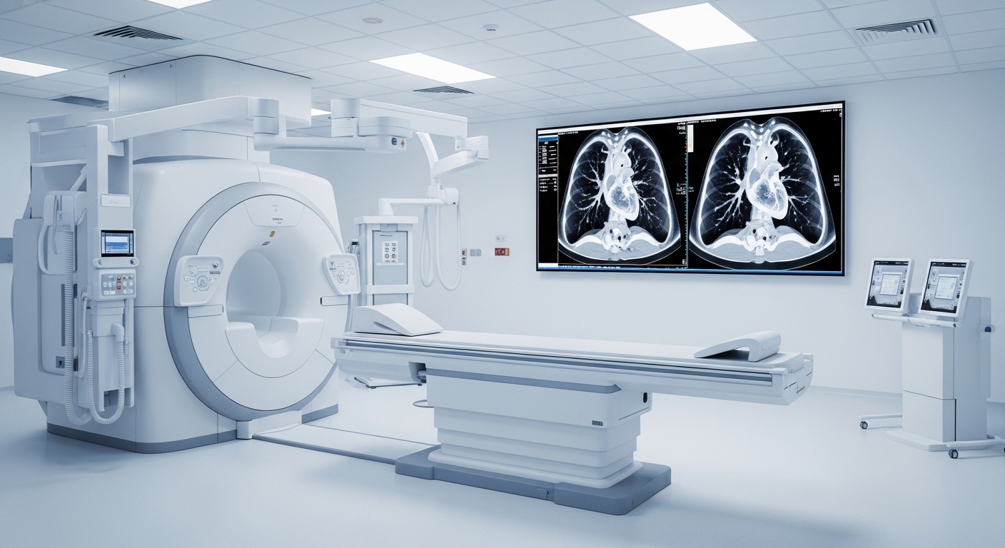 Sala de radiologia com tela exibindo imagem de diagnóstico