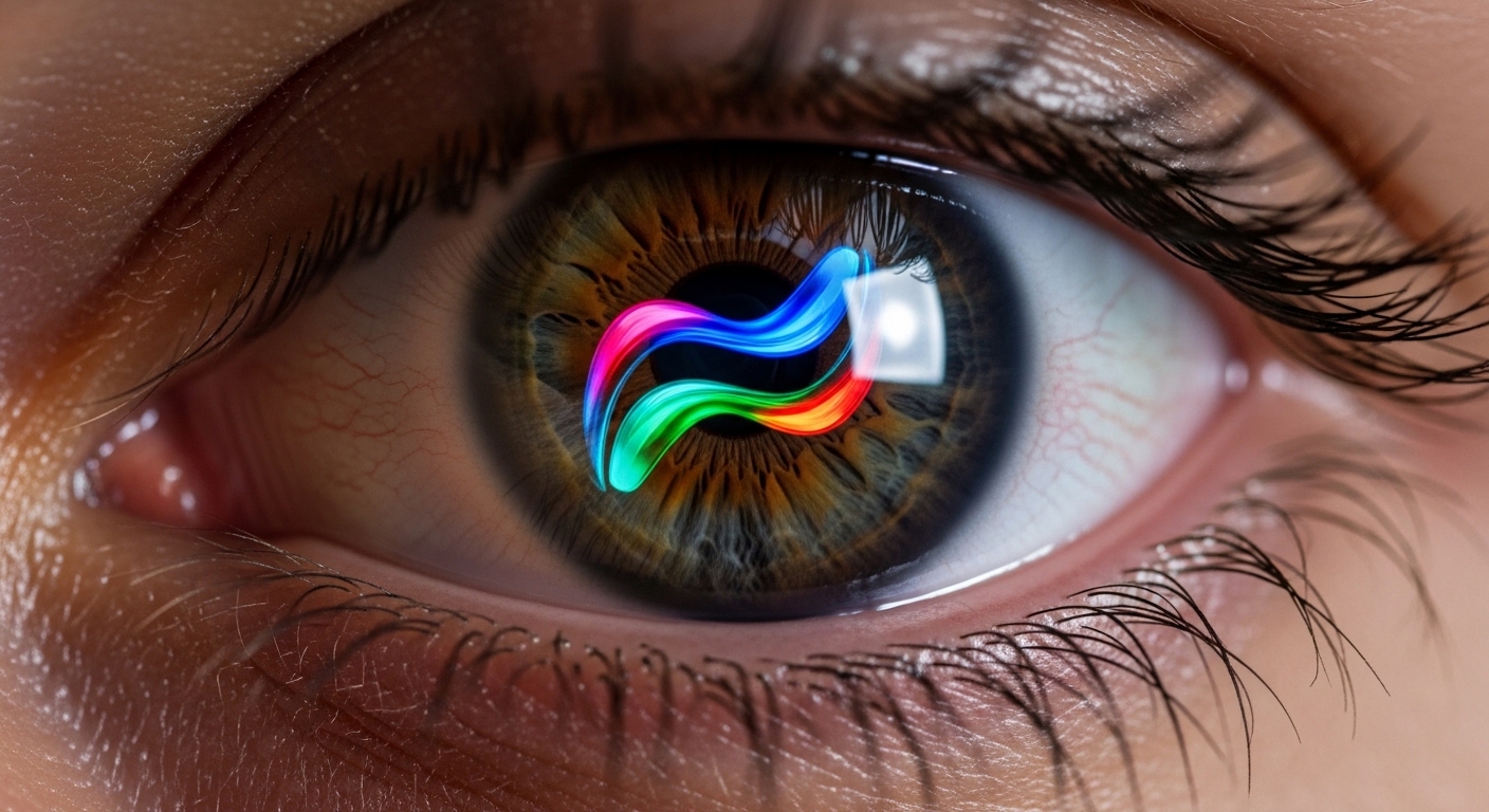 Human eye reflecting colorful brand logo shapes