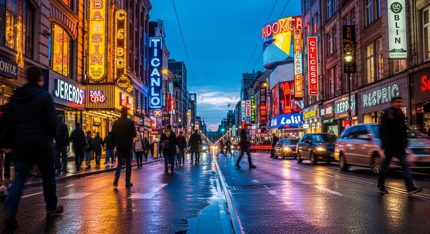 City street at dusk with illuminated brand signage