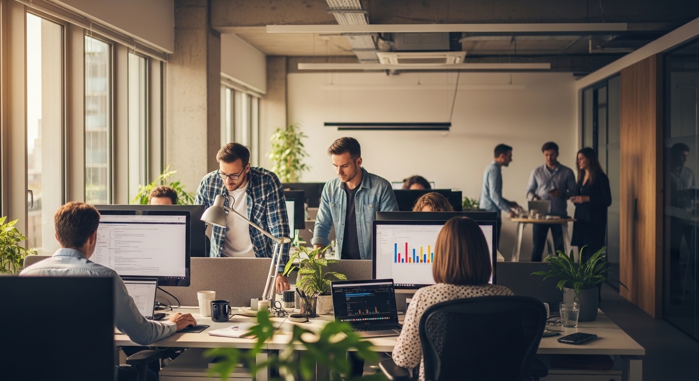 People working at computers in a modern open office