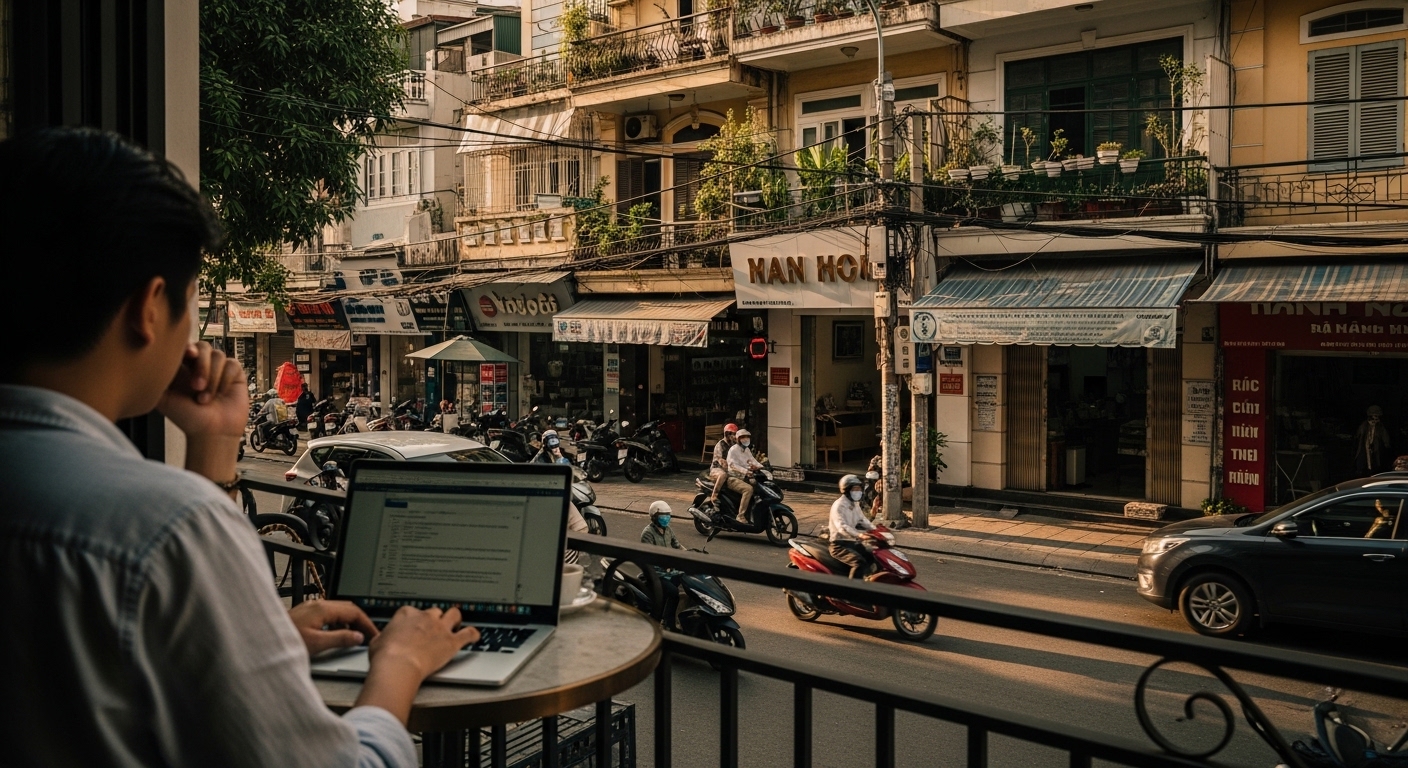 Chuyên gia làm việc tự do tại quán cà phê ngoài trời