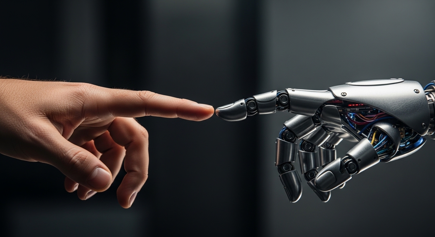 Human hand and robotic hand almost touching, close-up