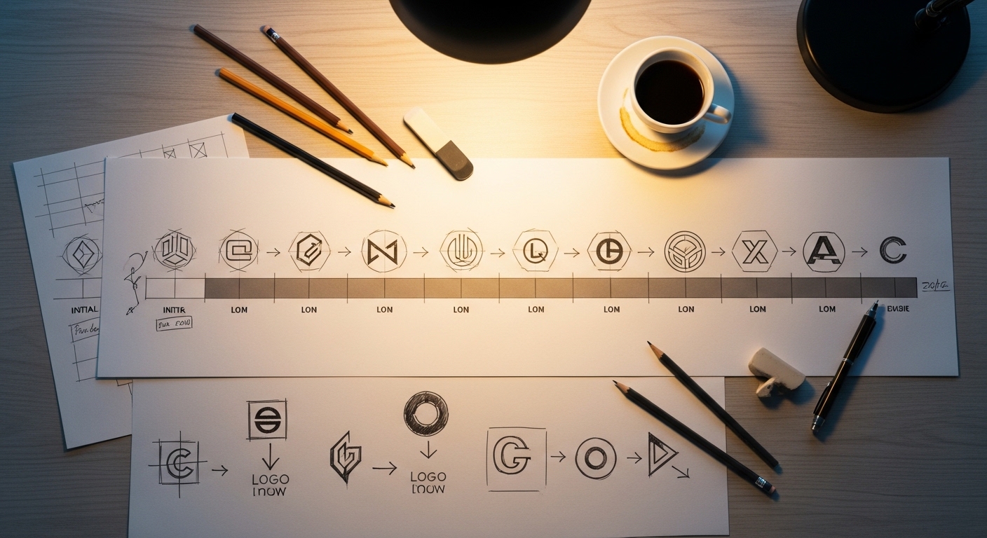 Overhead view of logo evolution sketches on designer's desk