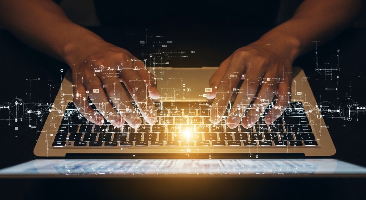 Mãos digitando em laptop com reflexo de dados na tela