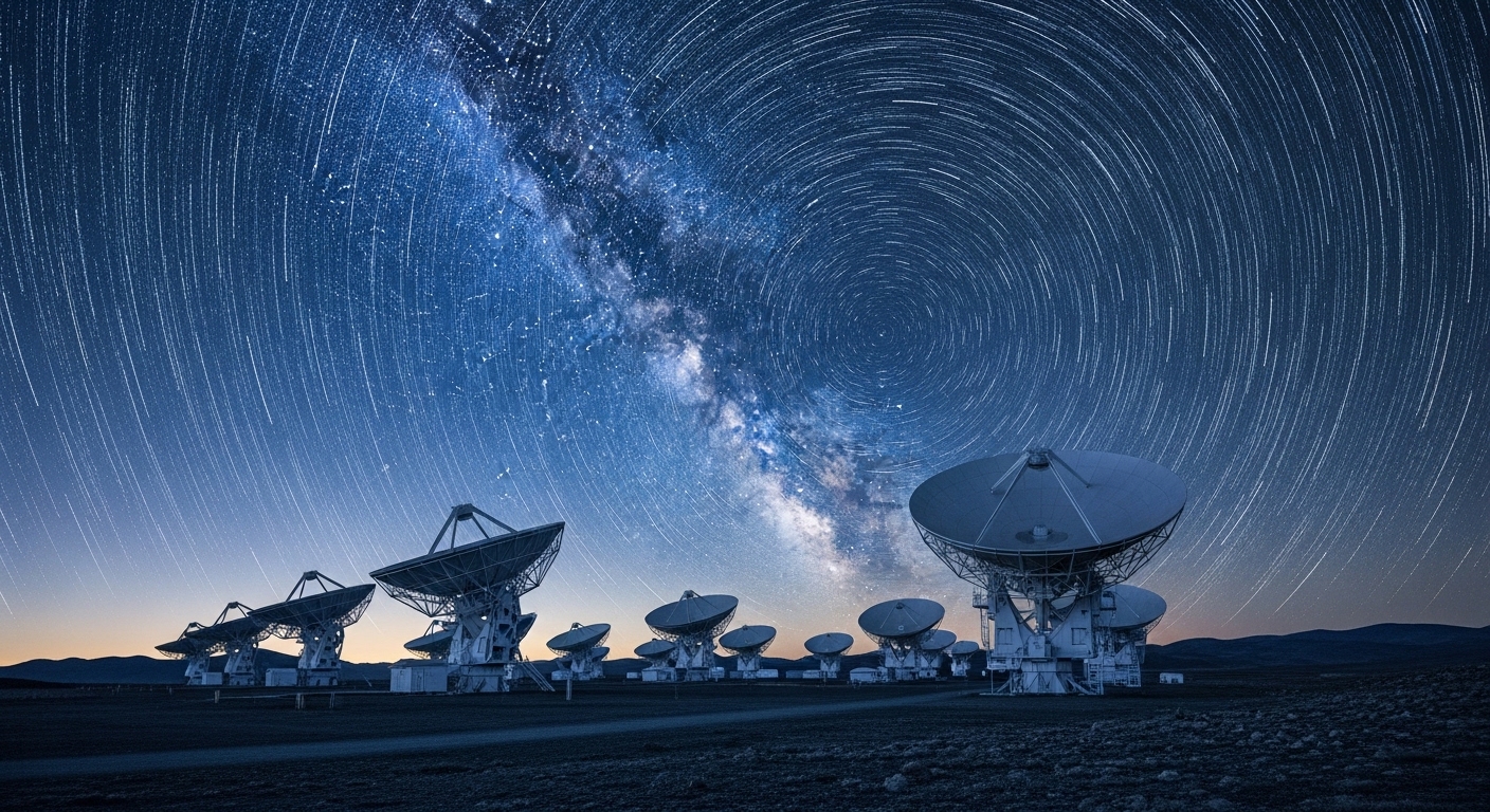Radioteleskop-Array bei Nacht unter dem Sternenhimmel