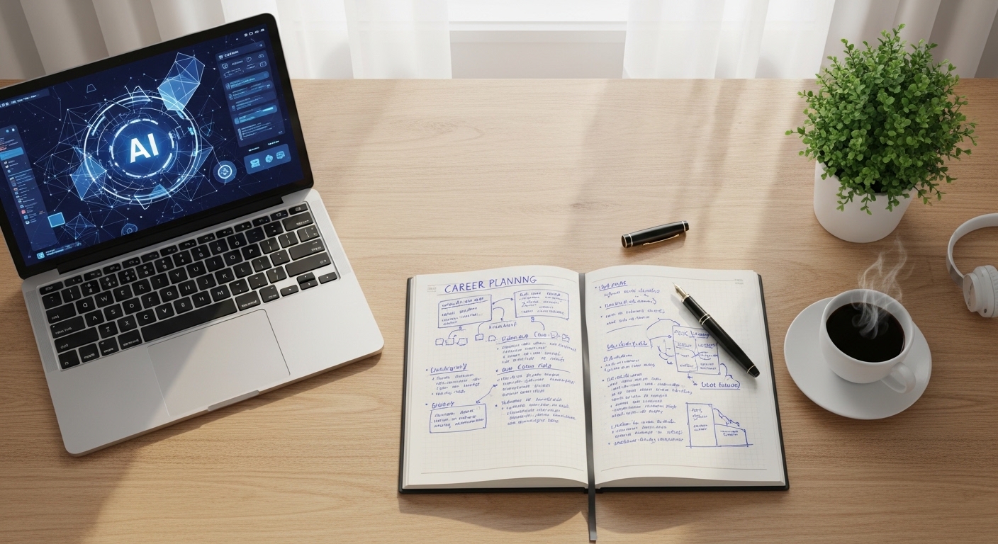 Career planning notes beside AI tool on laptop