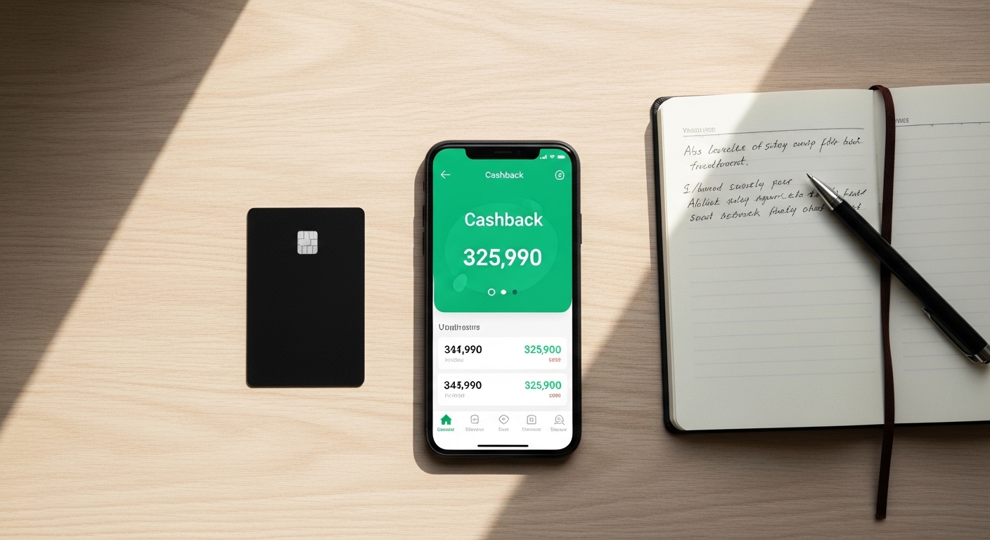 Celular com app de cashback sobre mesa organizada