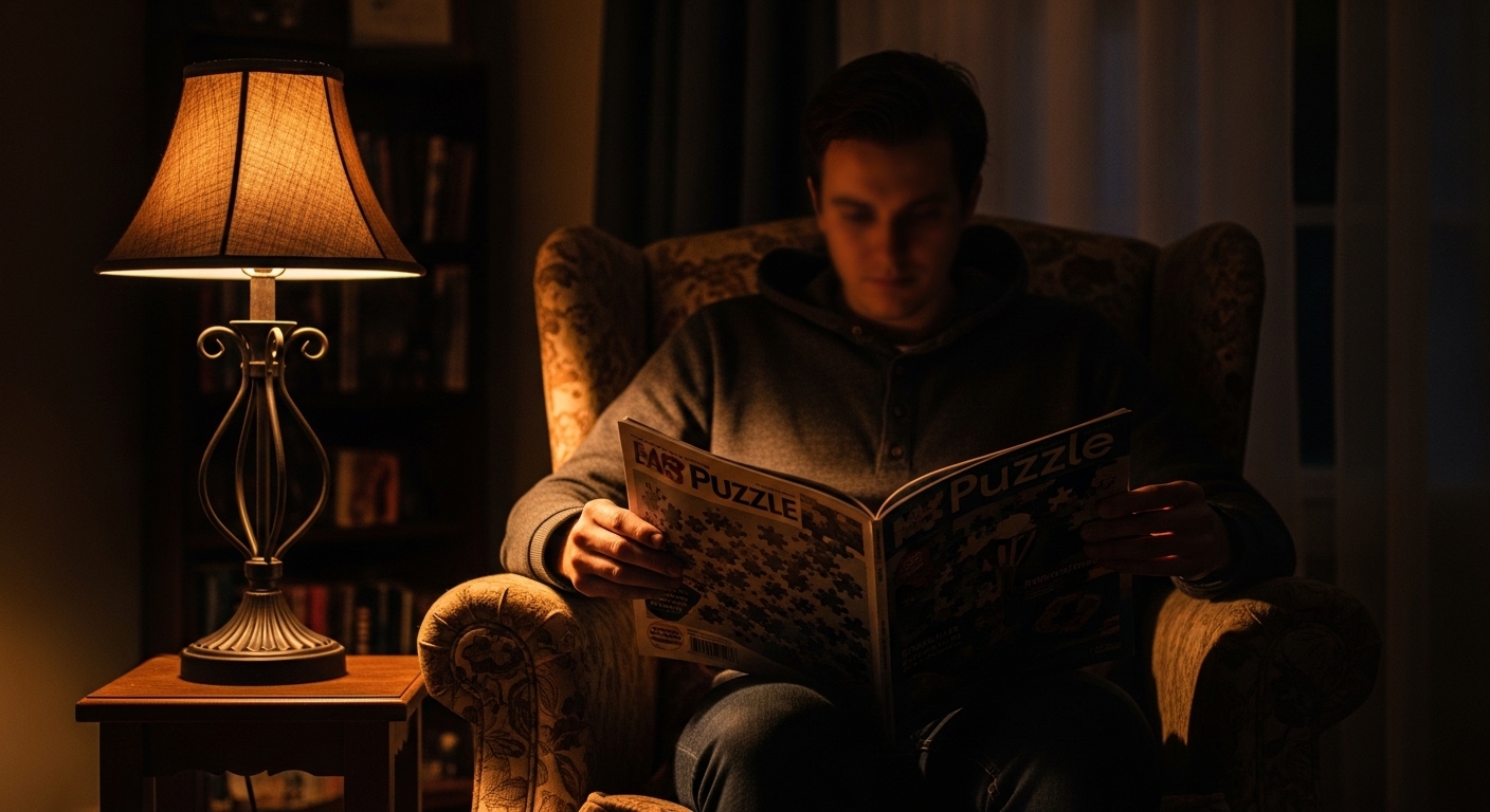 Person solving puzzle magazine by lamplight at night