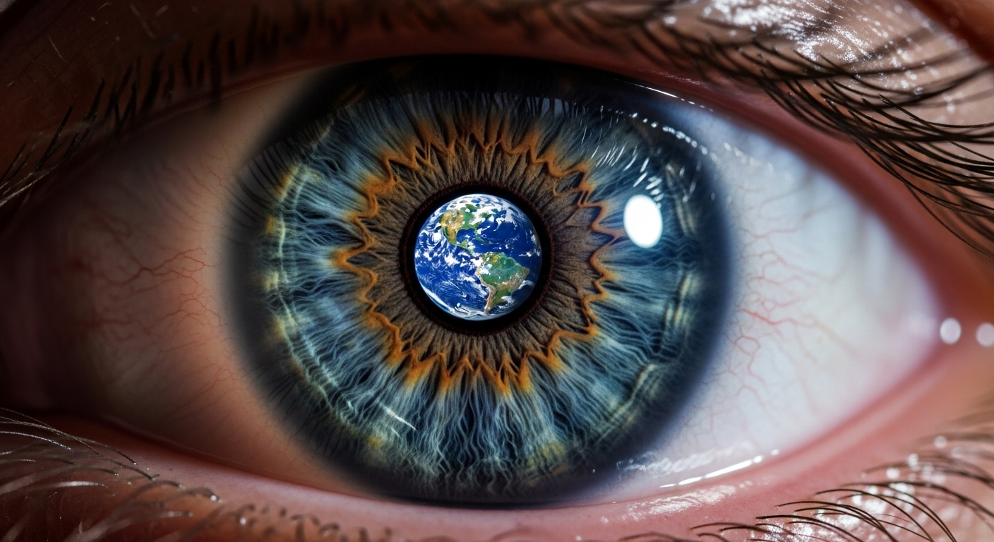 Eye reflecting Earth globe, symbolizing overview effect