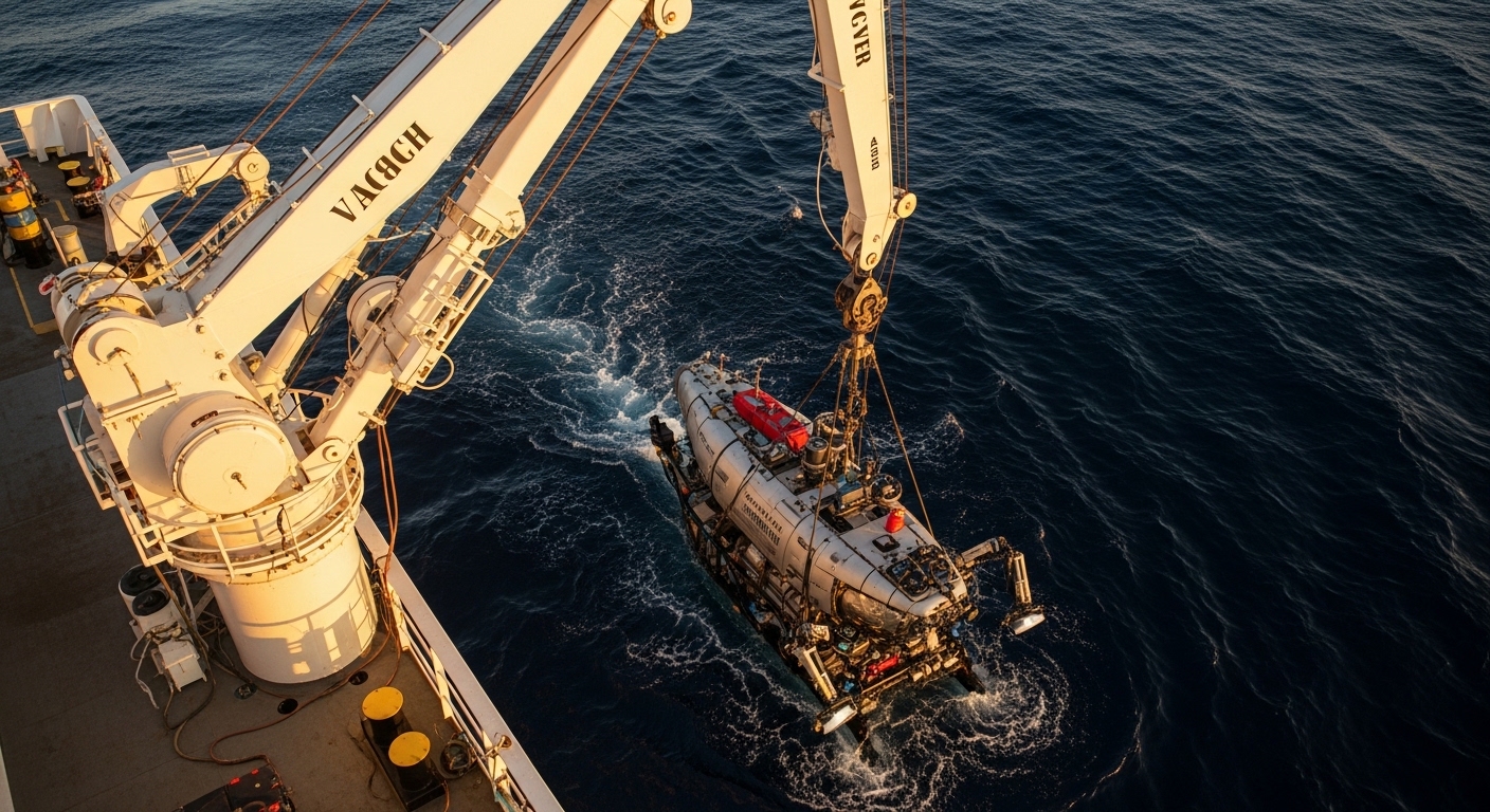 Research submersible being lowered into ocean