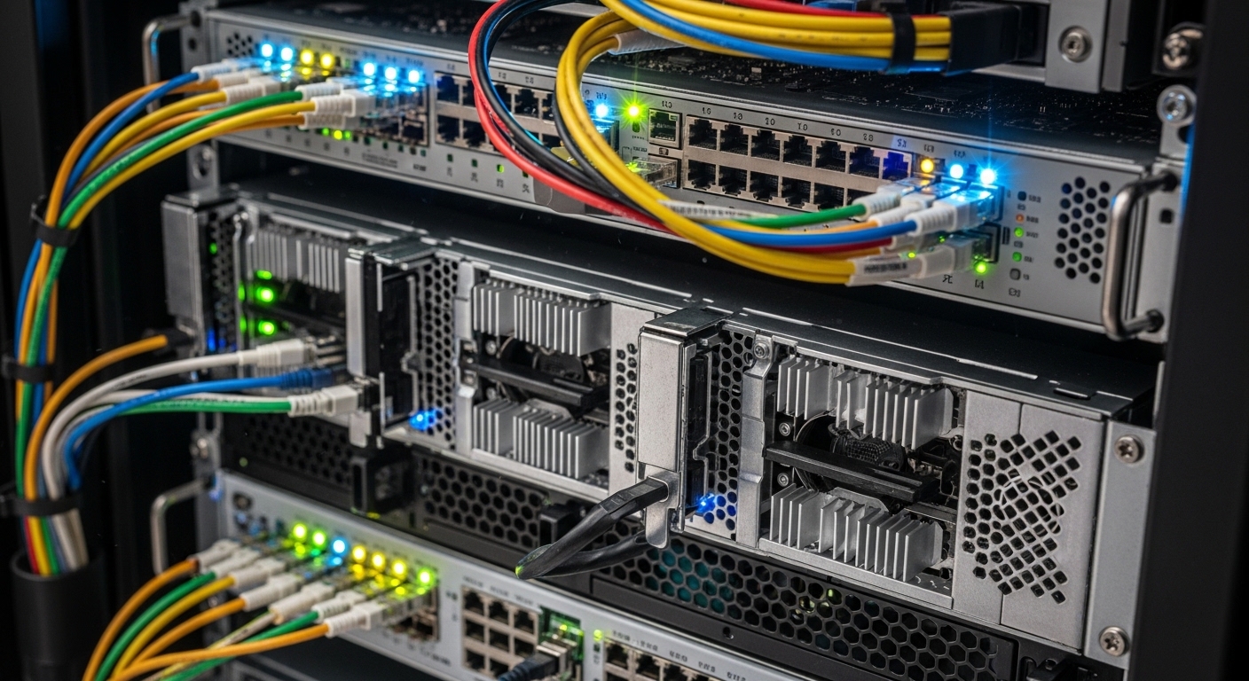 Nahaufnahme von Server-Hardware mit Kabeln und LEDs