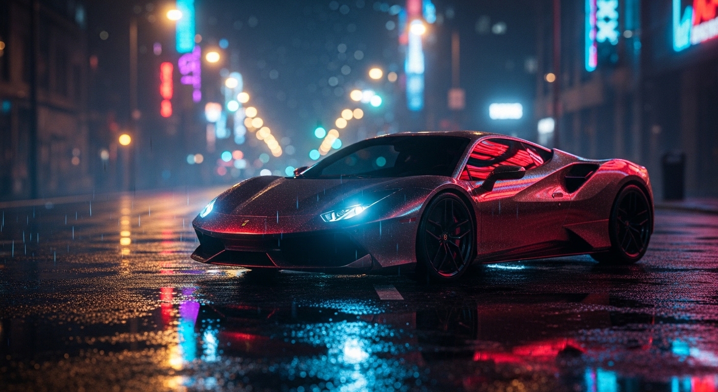 Sports car on rain-slicked city street at night
