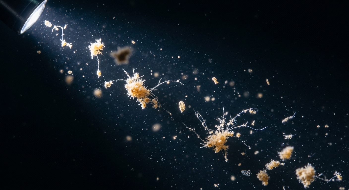 Marine snow particles drifting through dark ocean water