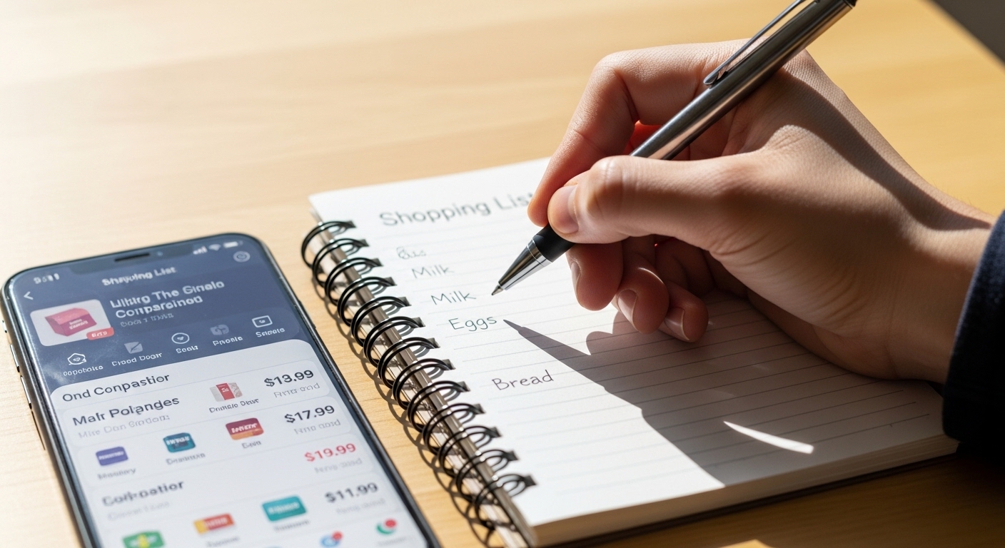 Lista de compras escrita à mão ao lado de celular
