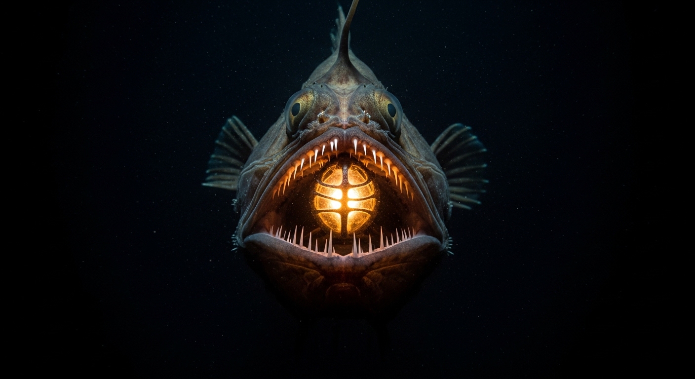 Anglerfish with glowing lure in deep ocean darkness