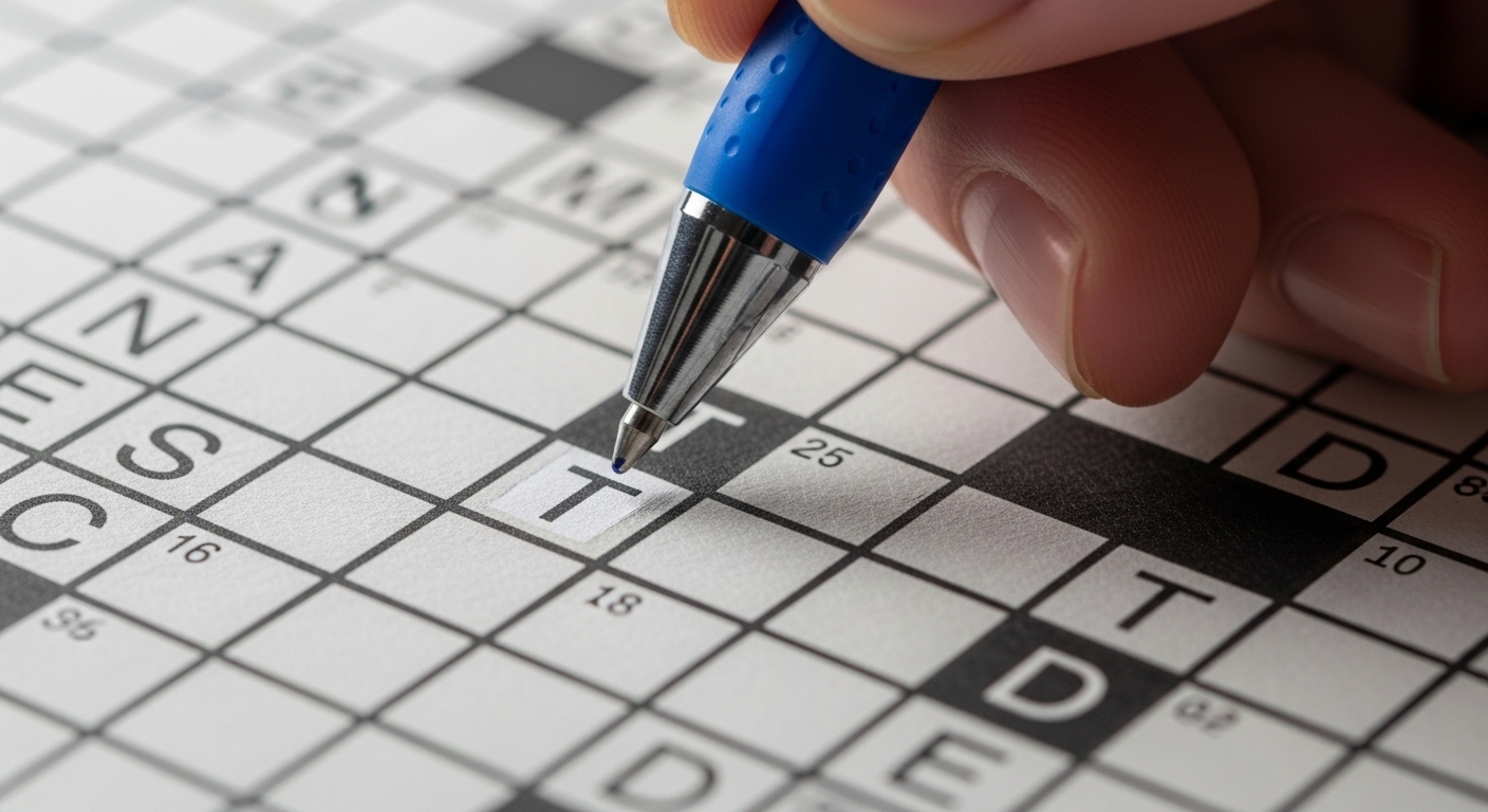 Hand filling in crossword grid squares with pen