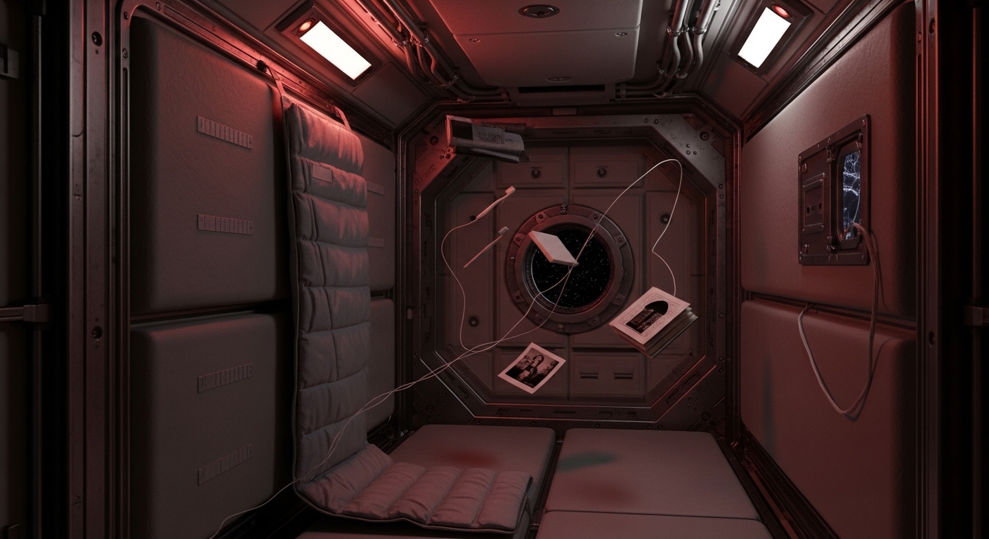 Cramped sleeping module inside a space station