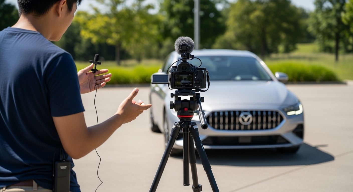 Person filming car review video outdoors with tripod