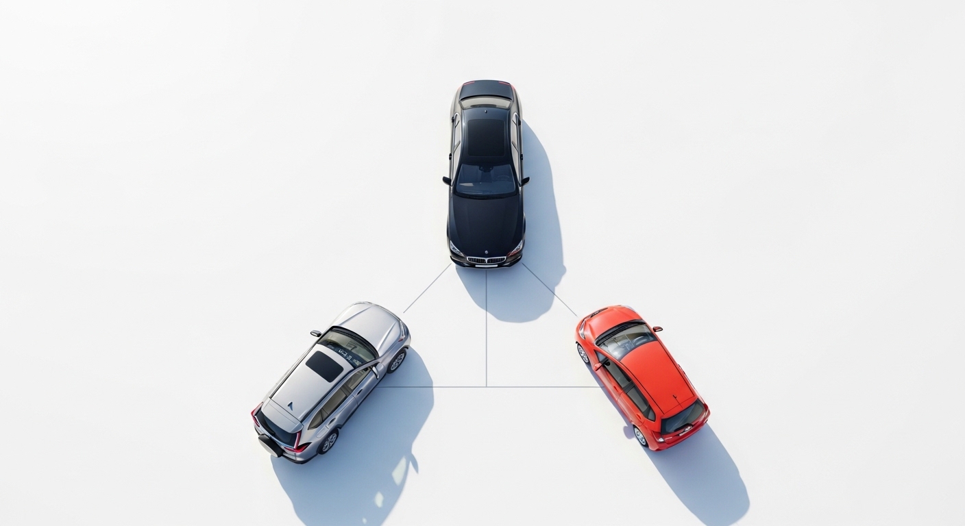 Three cars arranged to show brand hierarchy overhead view